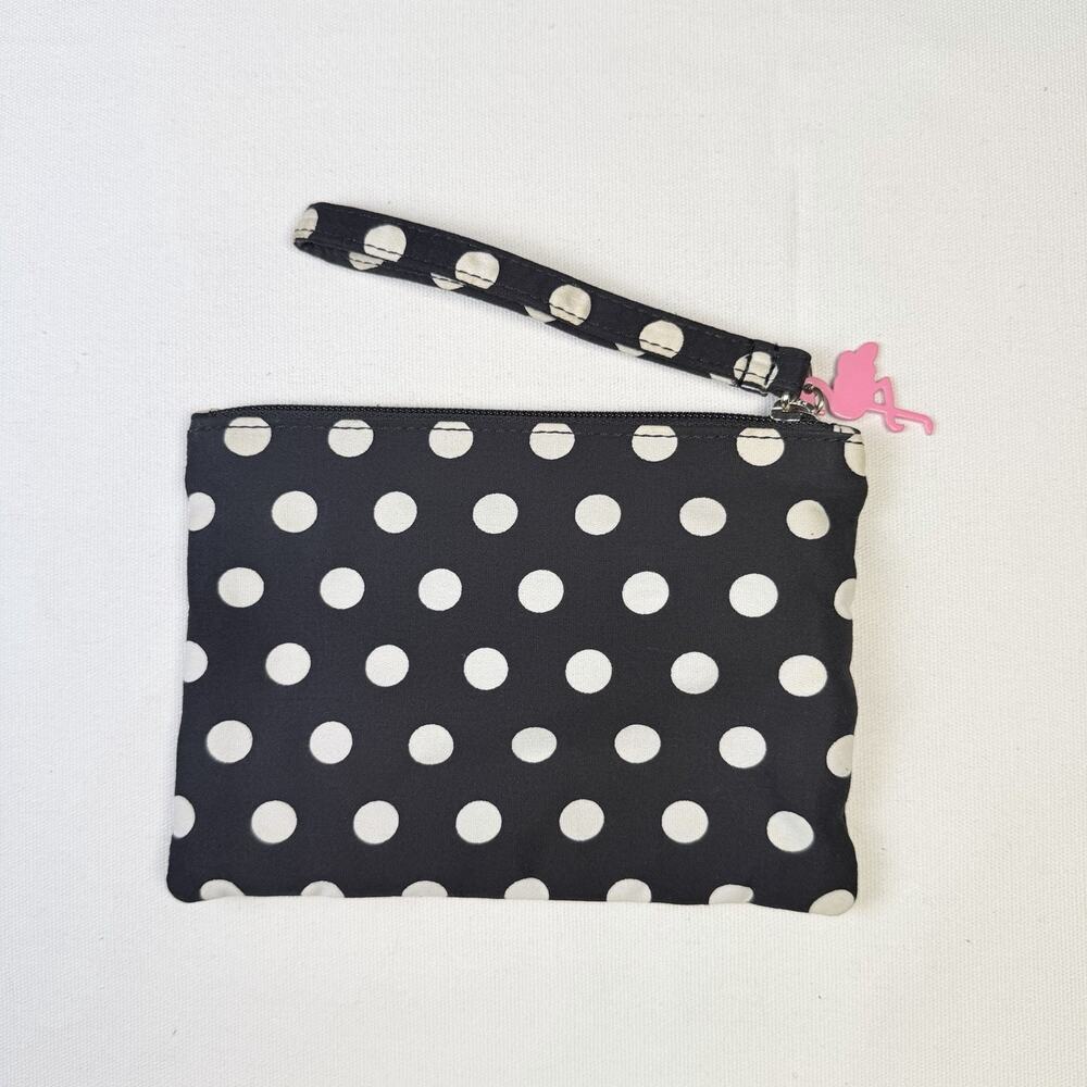 Talbots Wristlet Pouch Black and White Polka Dot with Pink Flamingo Zipper